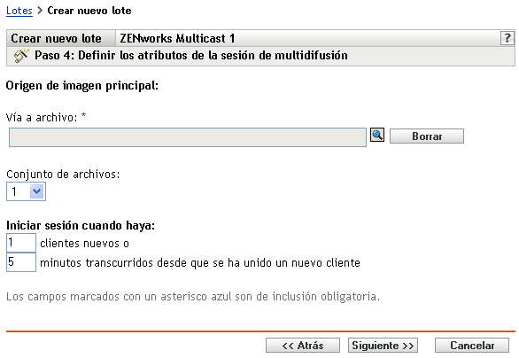 Paso 4 para crear un nuevo lote: Origen de imagen principal (campos Vía a archivo y Conjunto de archivos)