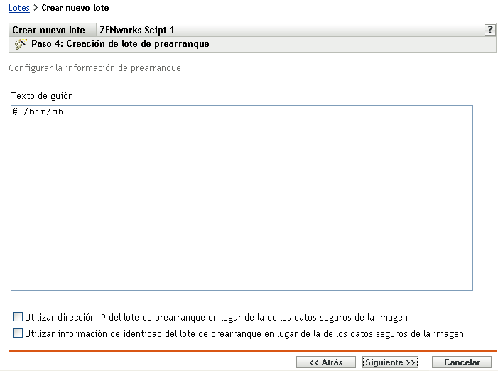 Página Paso 4 para crear un nuevo lote: Creación de lote de prearranque (campo Texto de guión)
