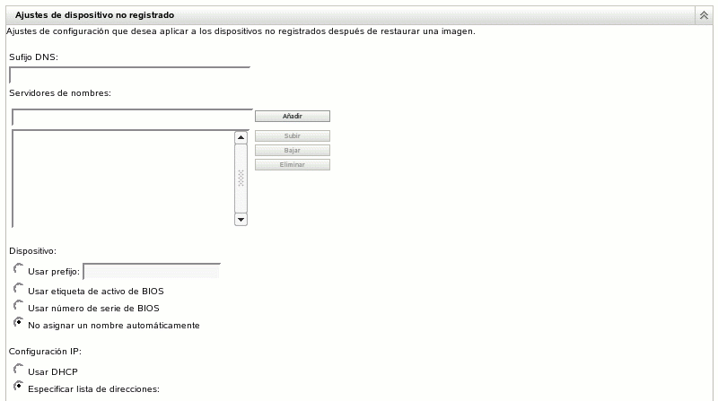 Sección Ajustes de dispositivo no registrado