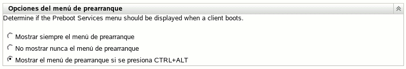 Sección Opciones del menú de prearranque