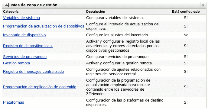 Menú de ajustes de zona de gestión