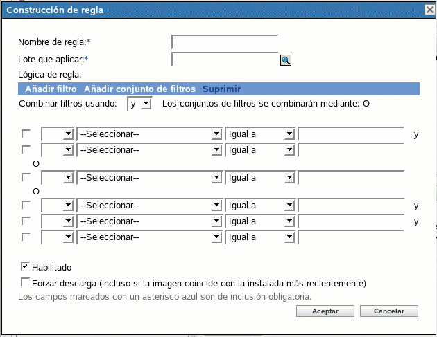 Recuadro de diálogo Construcción de regla con campos extendidos