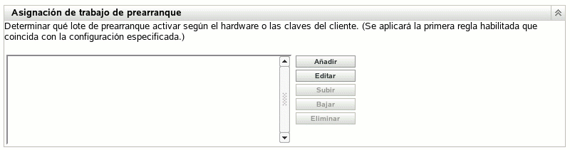 Sección Asignación de trabajo de prearranque
