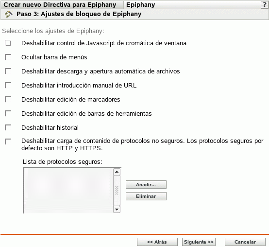 Página Ajustes de bloqueo de Epiphany