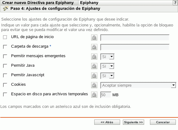 Página Ajustes de configuración de Epiphany