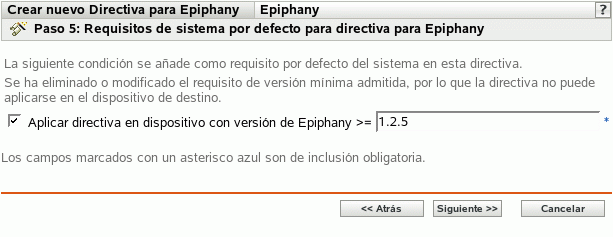 Página Requisitos de sistema por defecto para directiva para Epiphany