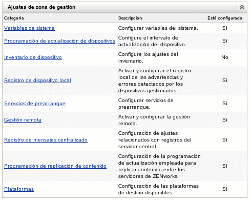 Panel Ajustes de zona de gestión con la categoría Inventario de dispositivo seleccionada.