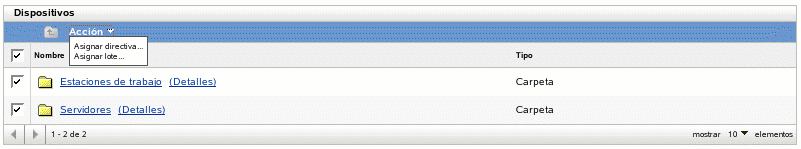 Opciones del menú Nuevo de la pestaña Dispositivos