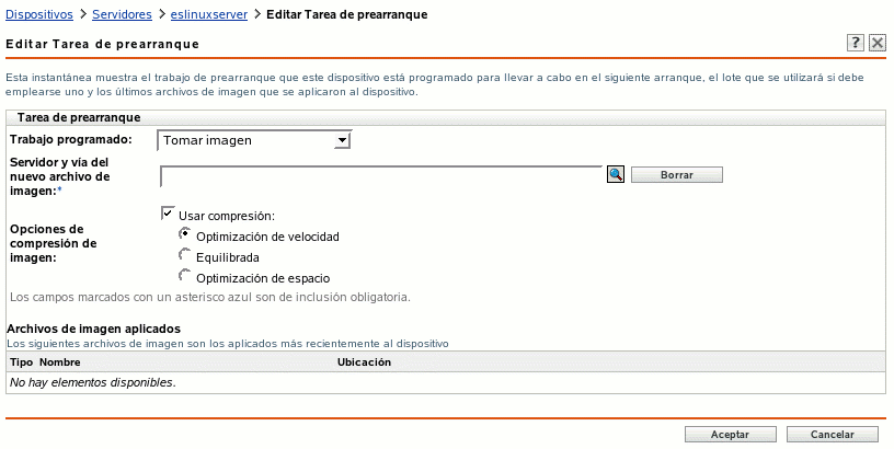 Página Editar trabajo de prearranque con la opción Tomar imagen seleccionada en el campo Trabajo programado (también aparecen los campos Servidor y vía del nuevo archivo de imagen, Opciones de compresión de imagen y Archivos de imagen aplicados)