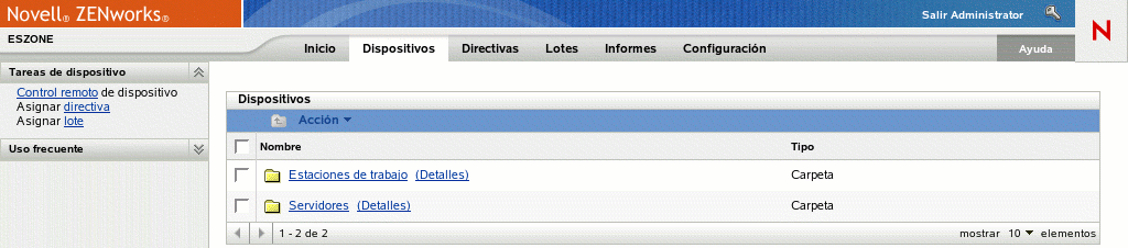 Pestaña Dispositivos del Centro de control de ZENworks
