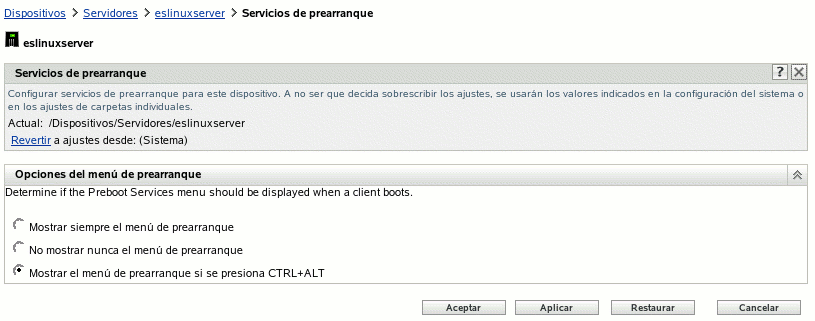 Página Servicios de prearranque de la carpeta Servidores