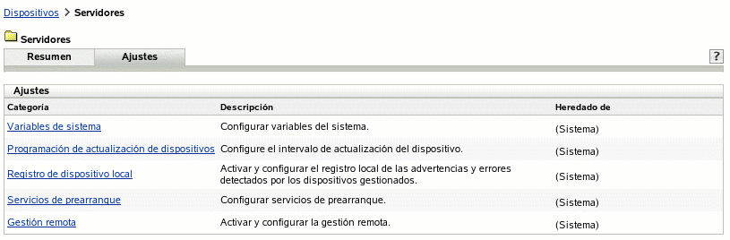 Pestaña Ajustes de la carpeta Servidores