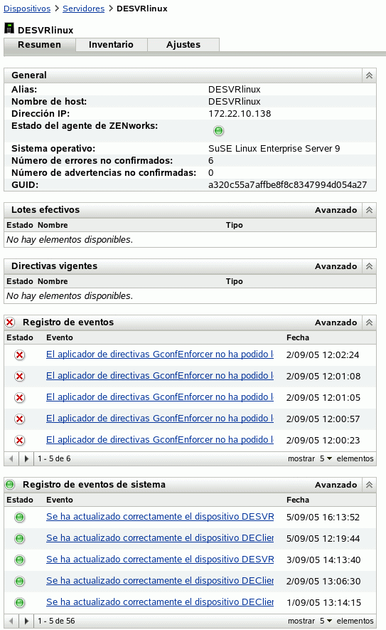 Página de resumen del servidor