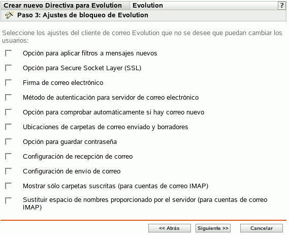 Página Ajustes de bloqueo de Evolution