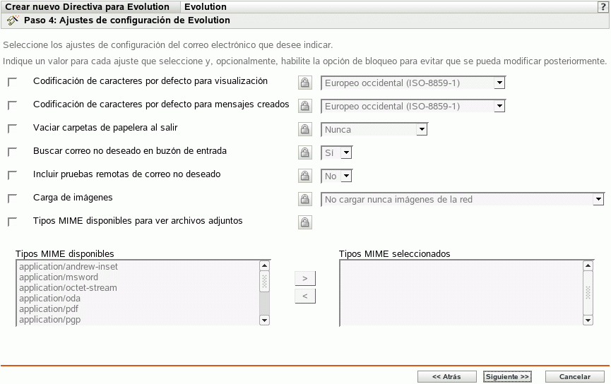Página Ajustes de configuración de Evolution