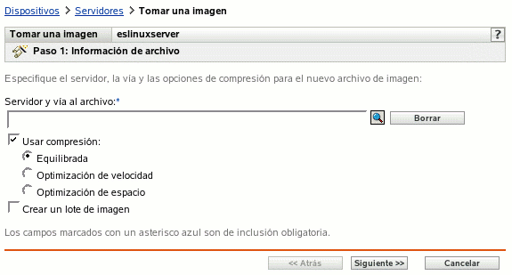 Página Paso 1 para crear un nuevo lote: Información de archivo (campos Servidor y vía al archivo, Usar compresión y Crear un lote de imagen)