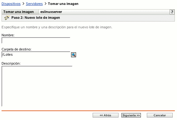 Página Paso 2 para crear un nuevo lote: Nuevo lote de imagen (campos Nombre, Carpeta de destino y Descripción)