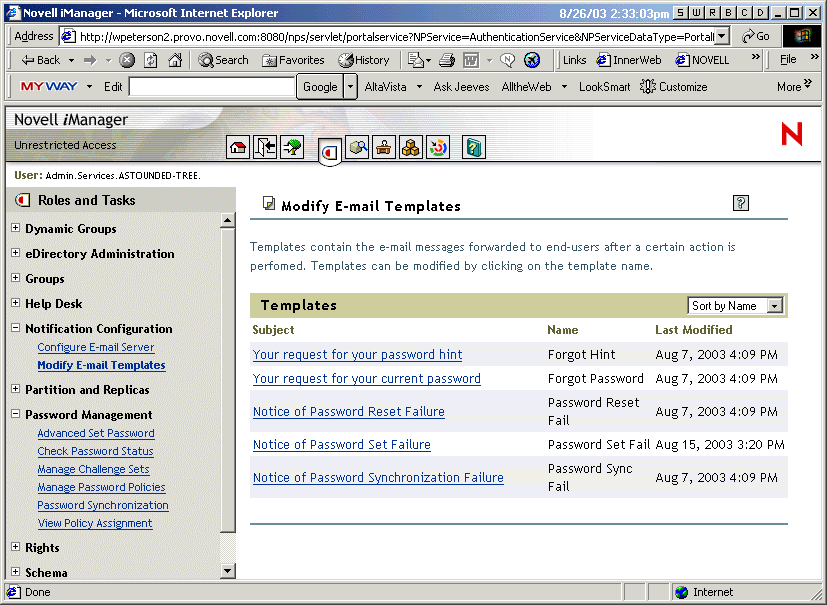 Liste des modles de messages lectroniques dans iManager