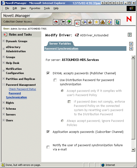 Liste des valeurs de configuration globales pour la synchronisation des mots de passe