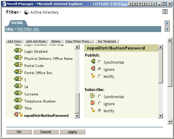 Paramtres de filtre pour nspmDistributionPassword