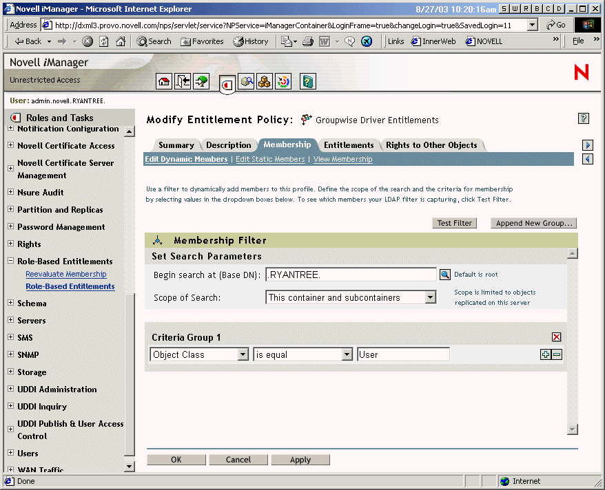 Interface pour dfinir l'appartenance  un groupe dynamique avec un filtre LDAP