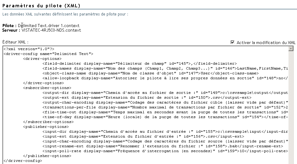 Section Paramtres du pilote (XML)