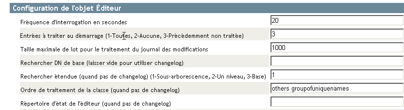 Options de configuration de l'objet diteur