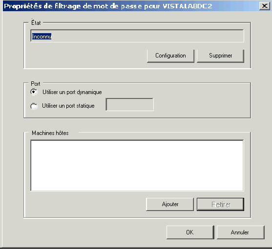 Bote de dialogue affichant la configuration du filtrage de mot de passe, le type de port et l'ordinateur sur lequel le pilote s'excute