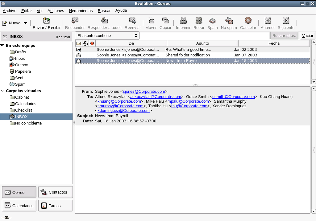 Ventana de la bandeja de entrada de correo electrnico de Evolution