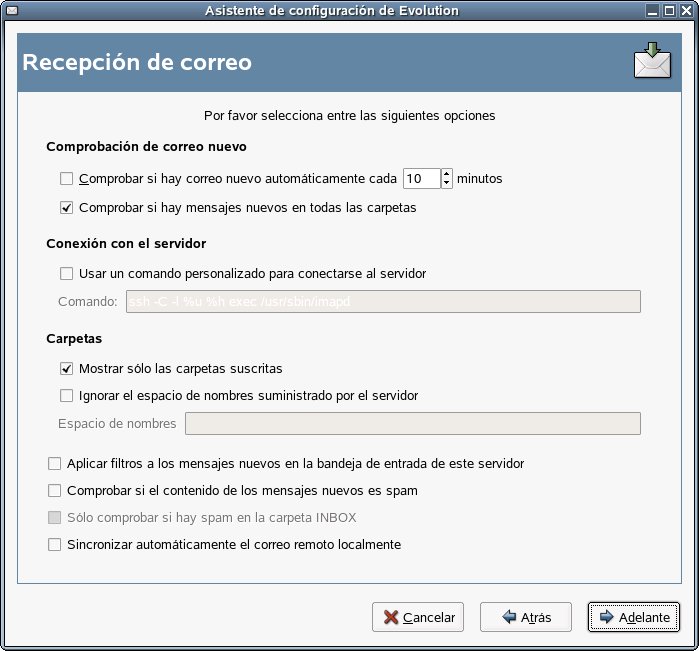 Opciones de recepcin de IMAP