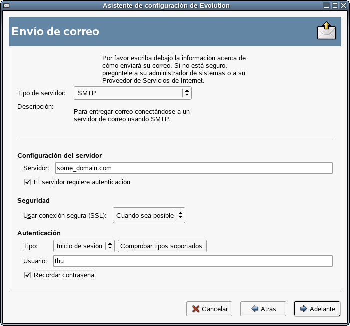 Seccin Envo de correo del Asistente de configuracin de Evolution