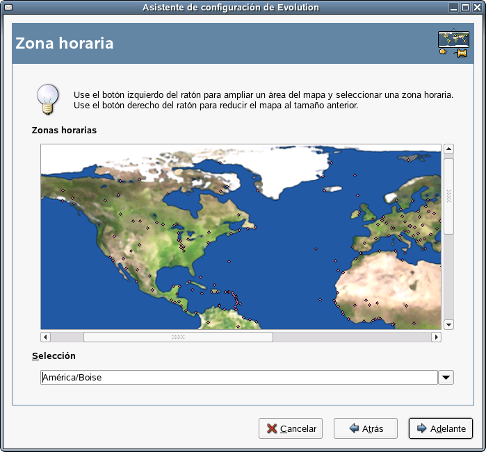 Seccin Zona horaria del Asistente de configuracin de Evolution