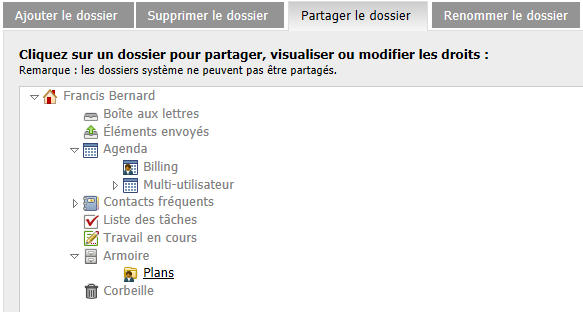 Vue Droits d'accès au dossier partagé