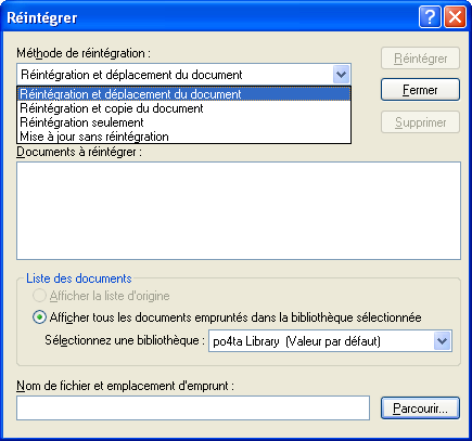Boîte de dialogue Réintégrer avec l'option Réintégration et déplacement du document sélectionnée dans la liste déroulante