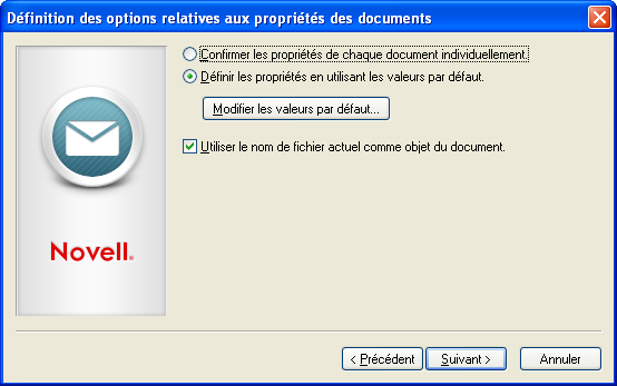 Boîte de dialogue Définition des options relatives aux propriétés des documents