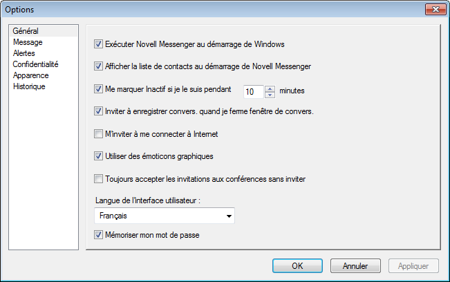 Boîte de dialogue Options de Messenger