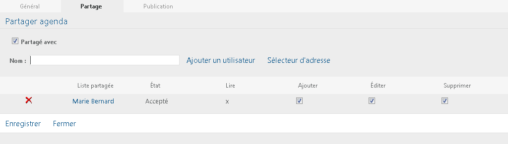 Boîte de dialogue Partager agenda