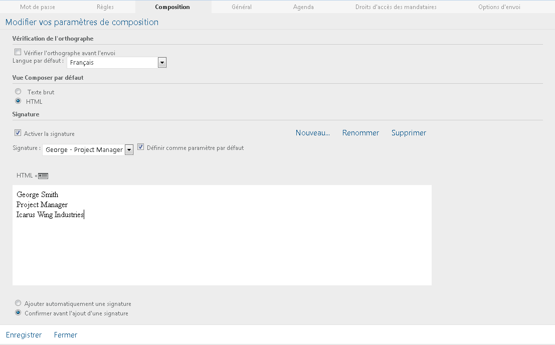 Vue des options de composition