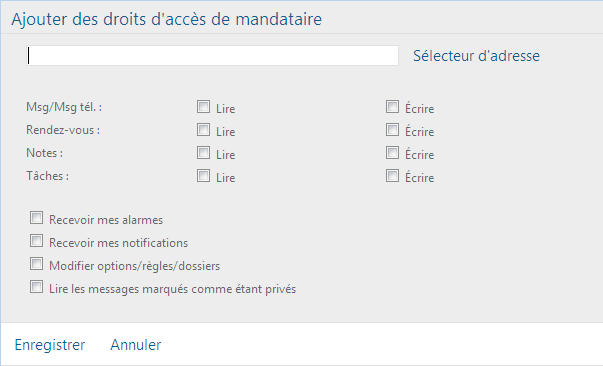 Boîte de dialogue Options d'accès avec l'onglet Droits d'accès des mandataires