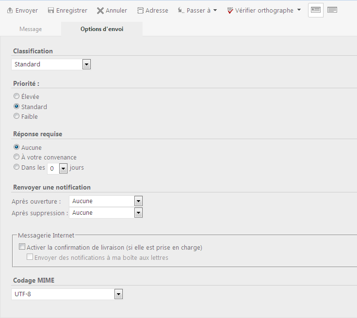 Options d'envoi de la vue Message