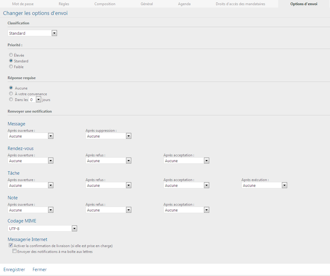 Vue Options avec l'onglet Options d'envoi sélectionné