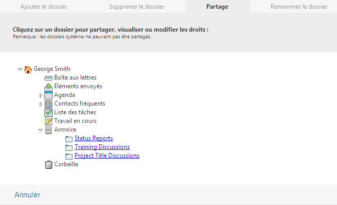 Vue Droits d'accès au dossier partagé