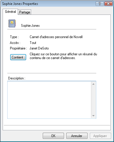 Boîte de dialogue Propriétés pour un carnet d'adresses avec l'onglet Général