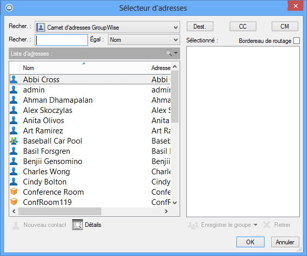 Boîte de dialogue Sélecteur d'adresses