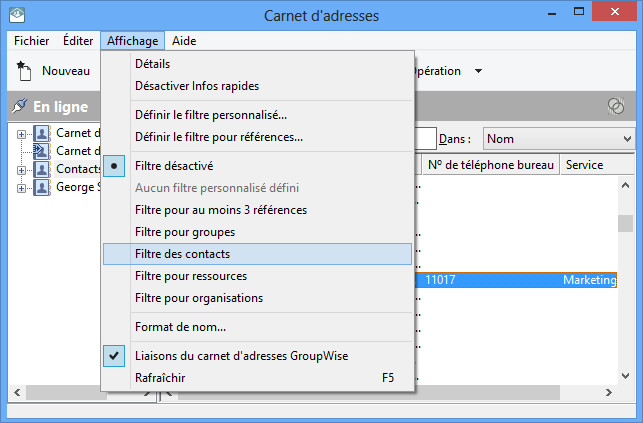 Carnet d'adresses avec le menu Afficher ouvert