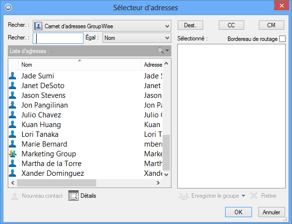 Sélecteur d'adresses affichant un groupe