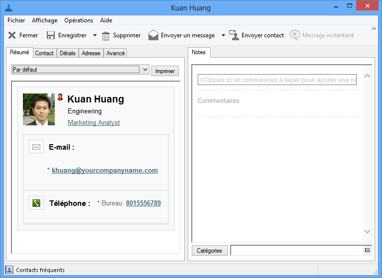 Boîte de dialogue des propriétés du contact avec l'onglet Résumé sélectionné