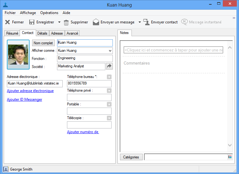 Boîte de dialogue des propriétés du contact avec l'onglet Contact sélectionné
