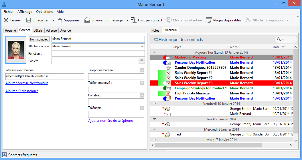 Boîte de dialogue des propriétés du contact avec l'onglet Historique sélectionné