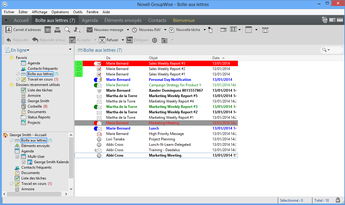 Dossier Boîte aux lettres montrant les éléments de la liste des tâches
